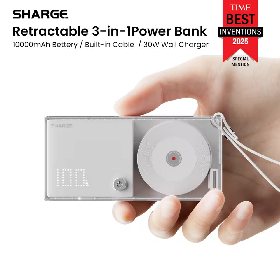 SHARGE 3-in-1 Portable Power Bank 30W USB-C Charger with USB-C Cable 10,000mAh AC Plug Max Battery Pack for iPhone 16/15 Galax