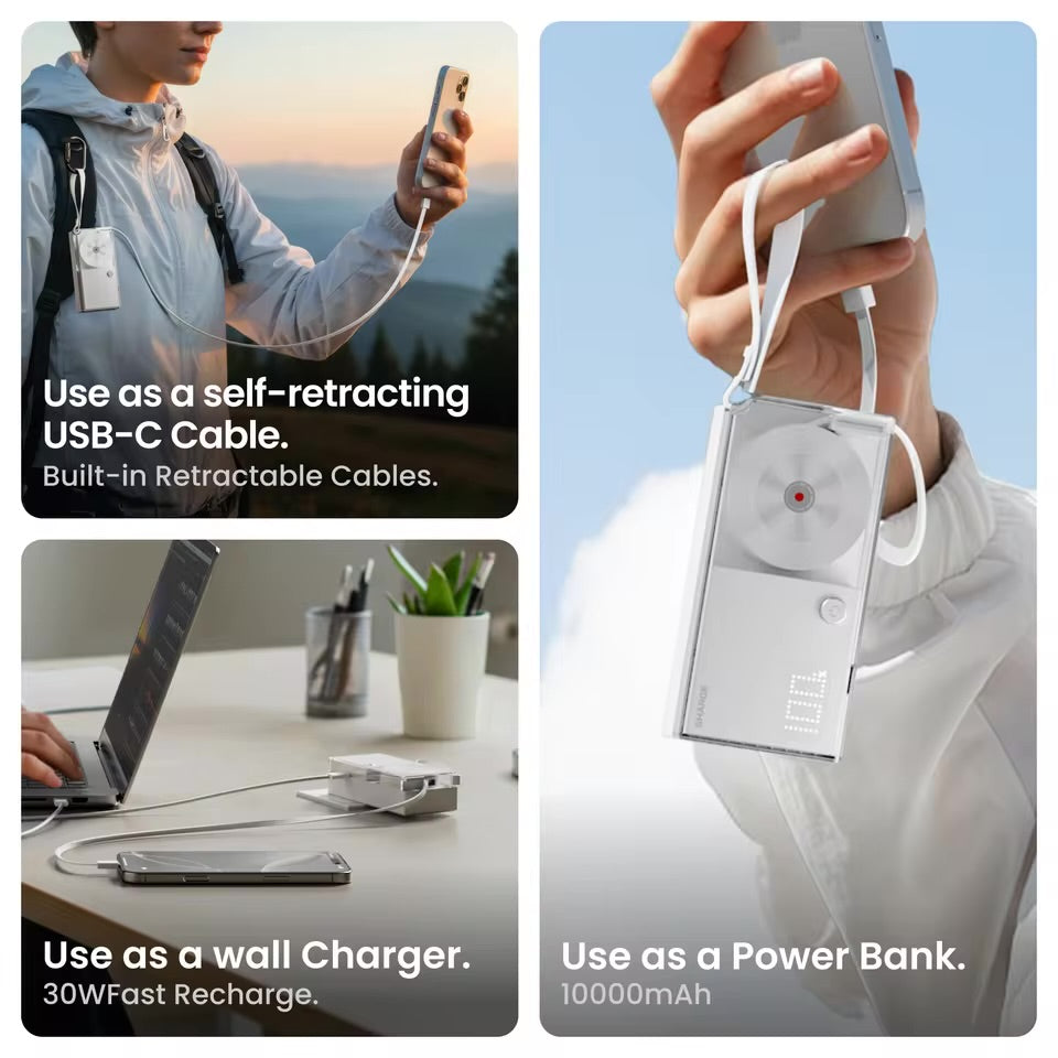 SHARGE 3-in-1 Portable Power Bank 30W USB-C Charger with USB-C Cable 10,000mAh AC Plug Max Battery Pack for iPhone 16/15 Galax