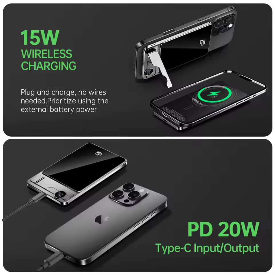 Portable Charger Powerbank With Cable PD20W Power Bank Wireless 15W With Phone Holder LED Display Mobile Phone Backup Battery